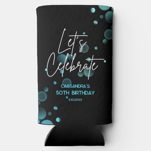 Laten we Blue Bokeh Gradient Black Verjaardag vier Seltzer Blikjeskoeler (Achterkant)