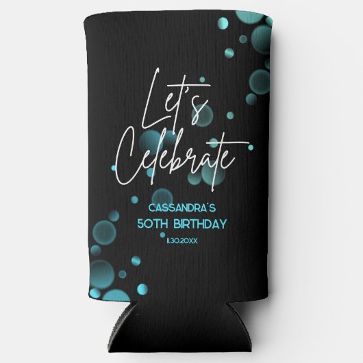 Laten we Blue Bokeh Gradient Black Verjaardag vier Seltzer Blikjeskoeler (Voorkant)