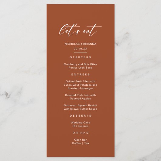Laten we Boho Terracotta Bruiloft Eten Menu (Voorkant)