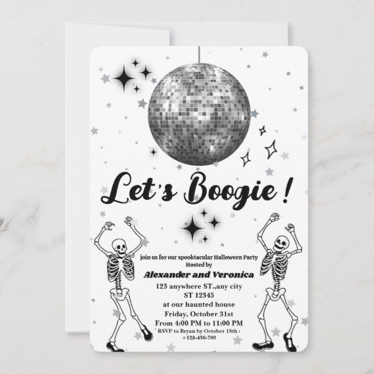 Laten we Boogie! Disco Ball Skeletons Halloween Pa Kaart (Voorkant)