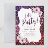 Laten we bordeauxrood paarse glitter en bloemig fe kaart (Voorkant / Achterkant)