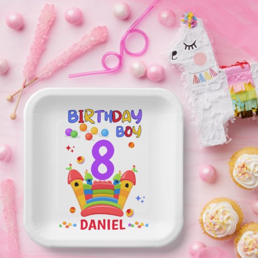 Laten we bounce verjaardag jongen sprong trampolin papieren bordje (Feest)