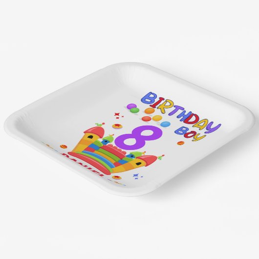 Laten we bounce verjaardag jongen sprong trampolin papieren bordje (Gebogen)