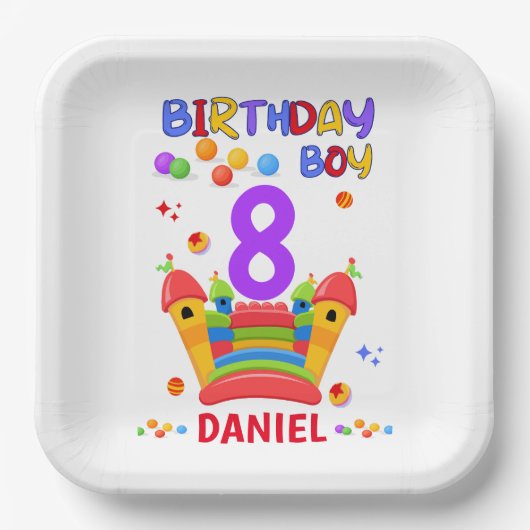 Laten we bounce verjaardag jongen sprong trampolin papieren bordje (Voorkant)