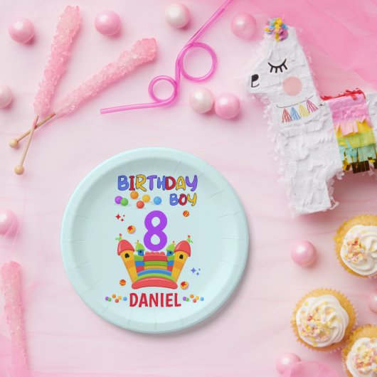 Laten we bounce verjaardag jongen sprong trampolin papieren bordje (Feest)