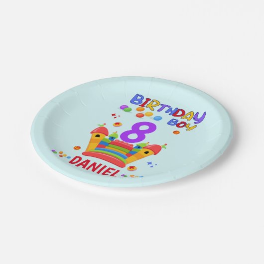 Laten we bounce verjaardag jongen sprong trampolin papieren bordje (Gekanteld)