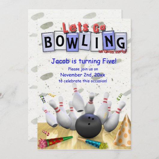 Laten we Bowling gaan!  Birthday Party Invitation Kaart (Voorkant / Achterkant)