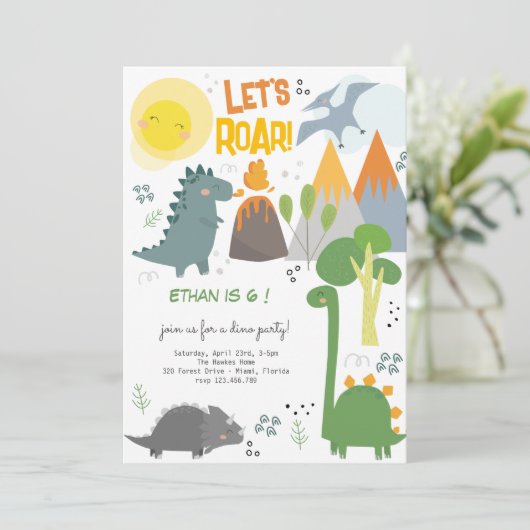 Laten we brullen Dino feest kinderen verjaardag ui Kaart (Staand voorkant)