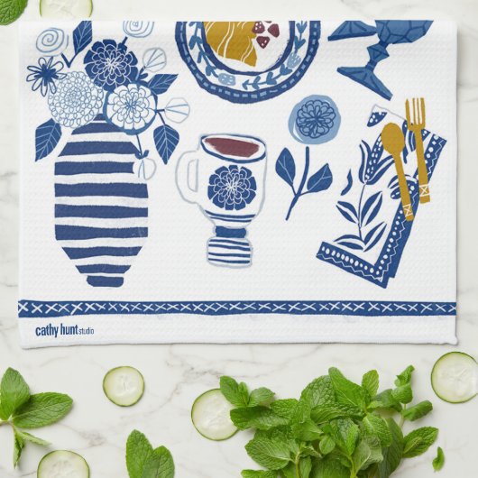 Laten we Brunch doen! Tea Towel in Navy en White Theedoek (Gevouwen)