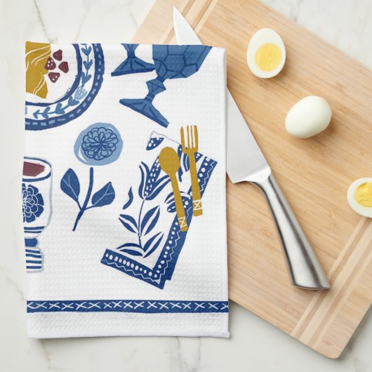 Laten we Brunch doen! Tea Towel in Navy en White Theedoek (Quarter Fold)