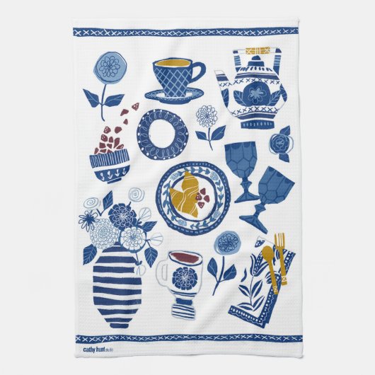 Laten we Brunch doen! Tea Towel in Navy en White Theedoek (Verticaal)