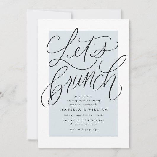 Laten we brunch lichtblauw na bruiloft handbelette kaart (Voorkant)