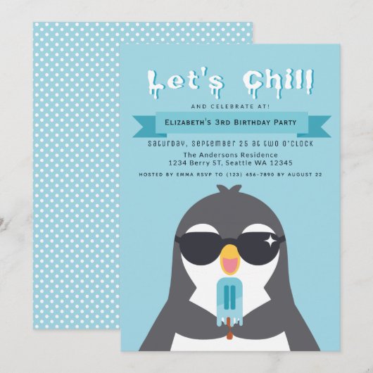Laten we Chill Cute Penguin Kids Birthday Uitnodig Kaart (Voorkant / Achterkant)