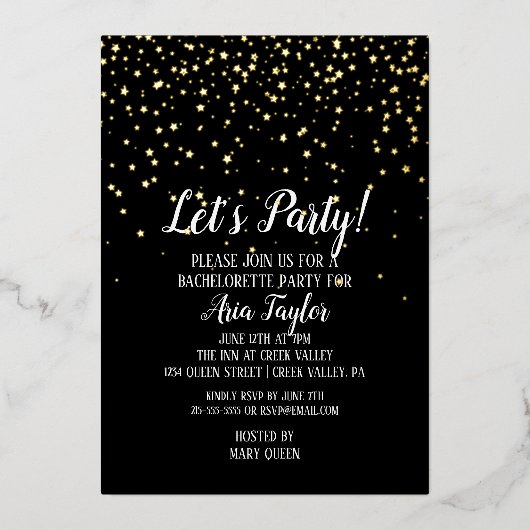 Laten we Confetti op Black Bachelorette Gold Folie Uitnodiging (Voorkant)