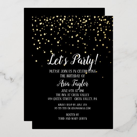 Laten we Confetti op Black Birthday Party Gold Folie Uitnodiging (Voorkant / Achterkant)