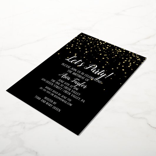 Laten we Confetti op Black Birthday Party Gold Folie Uitnodiging (Gedraaid)