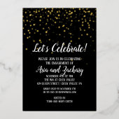 Laten we Confetti op Zwart Bruiloft Goud Vieren Folie Uitnodiging (Voorkant)