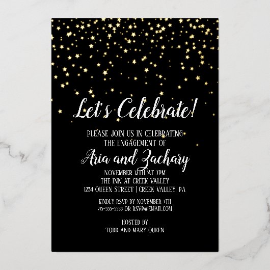 Laten we Confetti op Zwart Trouwfeest Goud Vieren Folie Uitnodiging (Voorkant)