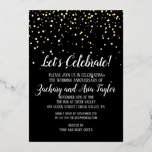 Laten we Confetti vieren op Black Jubileum Gold Folie Uitnodiging (Voorkant)