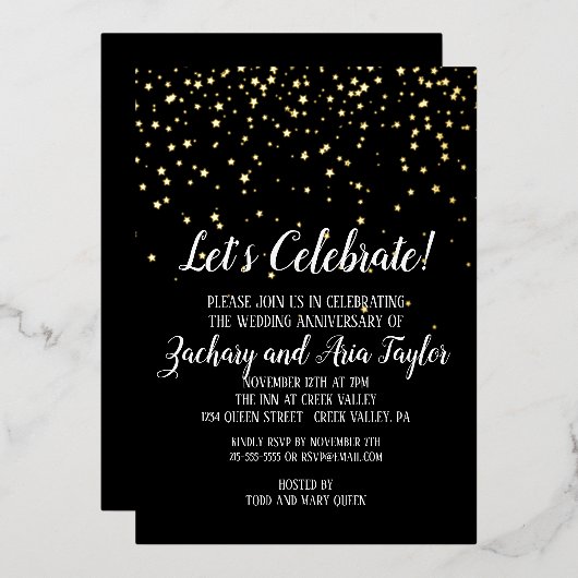 Laten we Confetti vieren op Black Jubileum Gold Folie Uitnodiging (Voorkant / Achterkant)