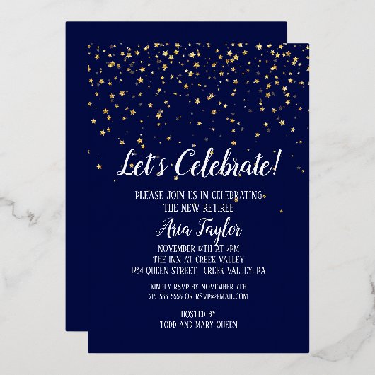 Laten we Confetti vieren op Navy Blue Party Gold Folie Uitnodiging (Voorkant / Achterkant)