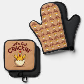 Laten we Crackin' Funny Chicken Boerderij Pun krij Ovenwant & Pannenlap Set (Voorkant / Achterkant)