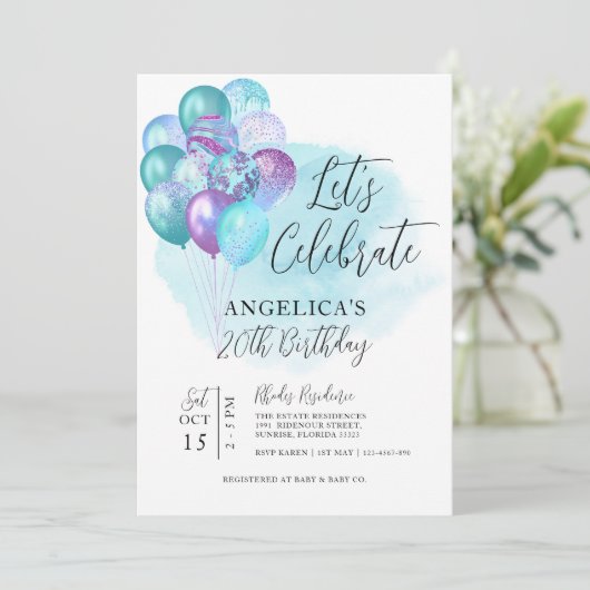 Laten we de Blauwgroen Paarse ballonnen van afgelo Kaart (Staand voorkant)