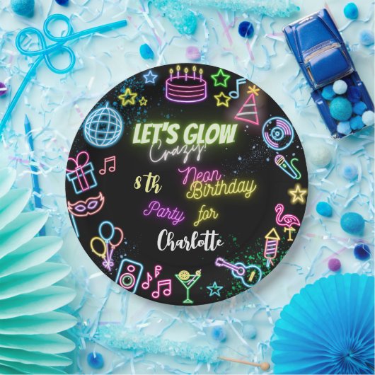 Laten we de gekke neonverjaardag lokken papieren bordje (Feest)