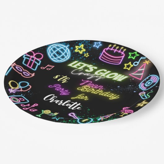 Laten we de gekke neonverjaardag lokken papieren bordje (Gekanteld)