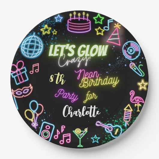 Laten we de gekke neonverjaardag lokken papieren bordje (Voorkant)