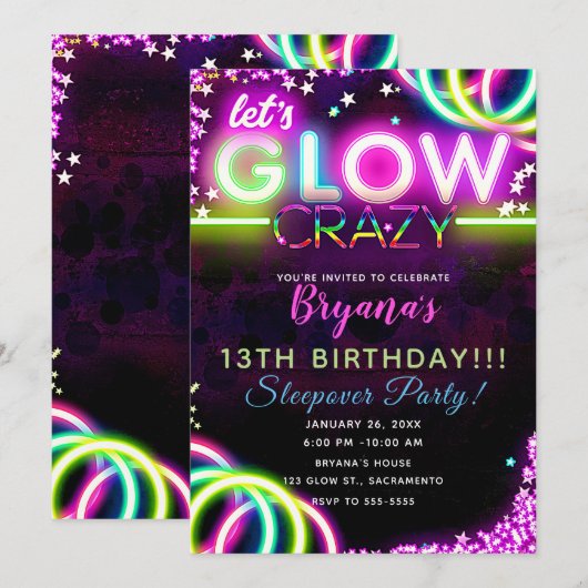 Laten we de GLOW Crazy Neon Ggloed Birthday Party Kaart (Voorkant / Achterkant)