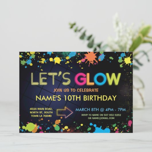Laten we de Kinder partij Neon van Glow Birthday u Kaart (Staand voorkant)