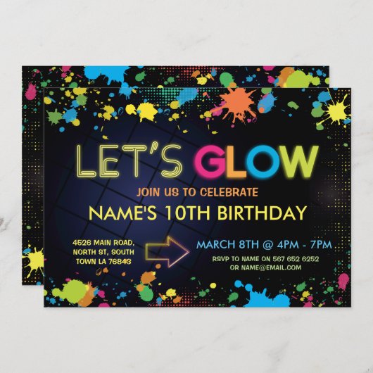 Laten we de Kinder partij Neon van Glow Birthday u Kaart (Voorkant / Achterkant)