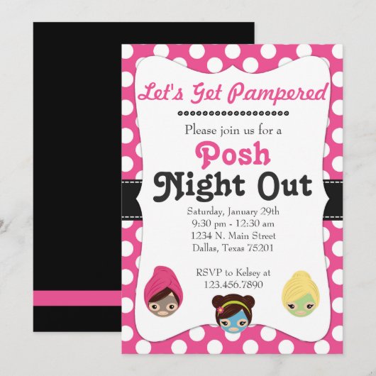 Laten we de roze roze uitnodiging van Posh Party k (Voorkant / Achterkant)