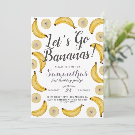 Laten we de uitnodiging van Bananas van Birthday b (Staand voorkant)