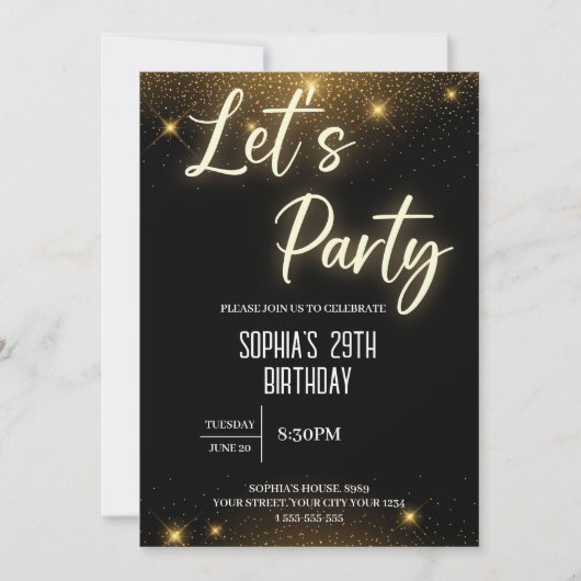 Laten we de verjaardag van de zwarte en gouden bal kaart (Voorkant)
