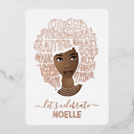 Laten we de verjaardag vieren! Zwarte vrouw aanmoe Folie Uitnodiging