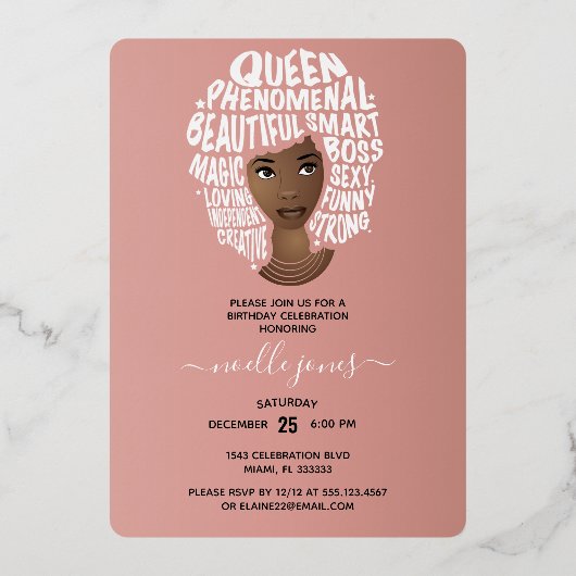 Laten we de verjaardag vieren! Zwarte vrouw aanmoe Folie Uitnodiging (Achterkant)