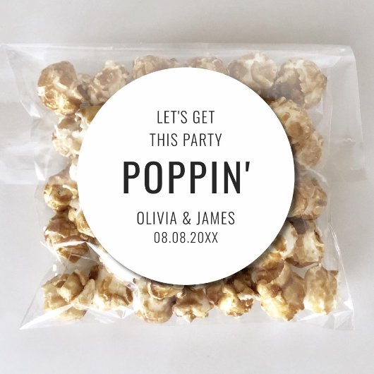 Laten we deze partij poppin bruiloft popcorn gunst ronde sticker