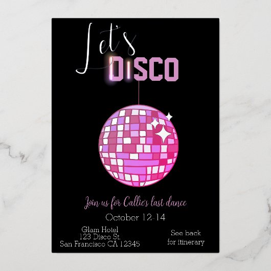 Laten we Disco Bachelorette Last Dance Neon Folie Uitnodiging (Voorkant)