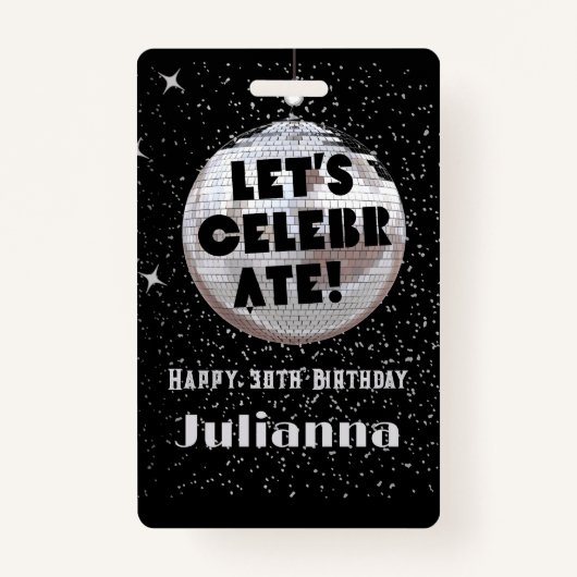 Laten we Disco Ball Black Birthday VIP vieren Badge (Voorkant)