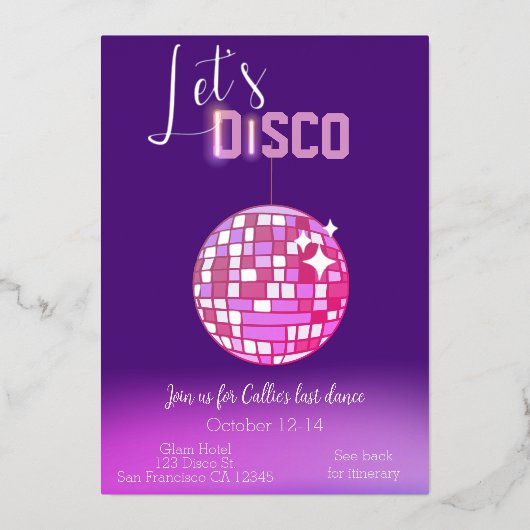 Laten we Disco Neon Bachelorette feesten Folie Uitnodiging (Voorkant)