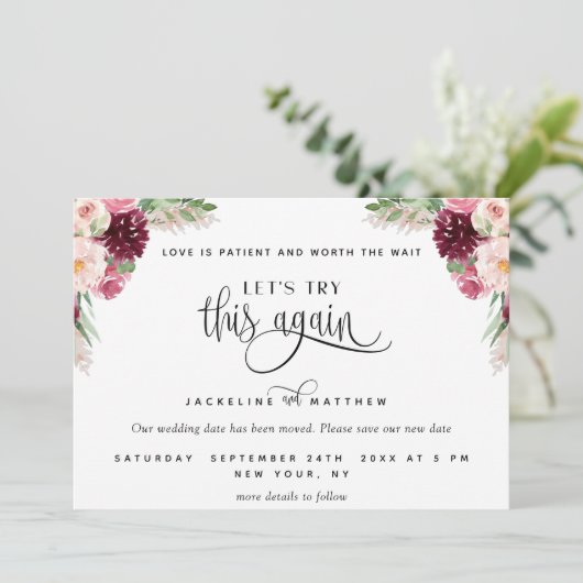 Laten we dit nog eens proberen, Burgundy Blush Pin Save The Date (Staand voorkant)