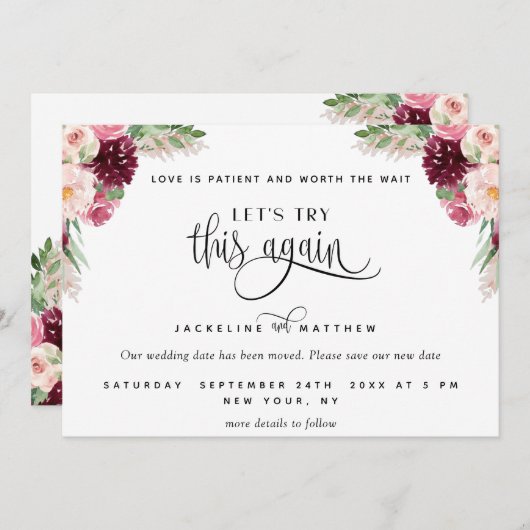 Laten we dit nog eens proberen, Burgundy Blush Pin Save The Date (Voorkant / Achterkant)