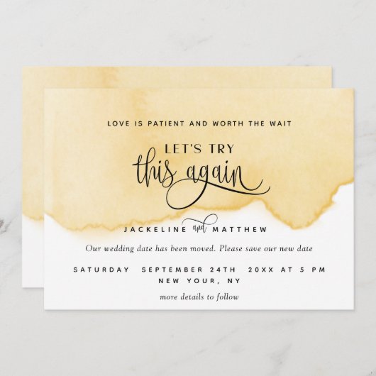 Laten we dit nog eens proberen, gele Waterverf Save The Date (Voorkant / Achterkant)