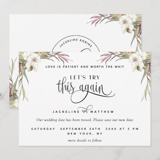 Laten we dit nog eens proberen, tropische palmblad save the date (Voorkant / Achterkant)