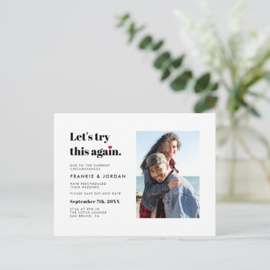"Laten we dit opnieuw proberen" | Datum foto wijzi Uitnodiging Briefkaart (Staand voorkant)