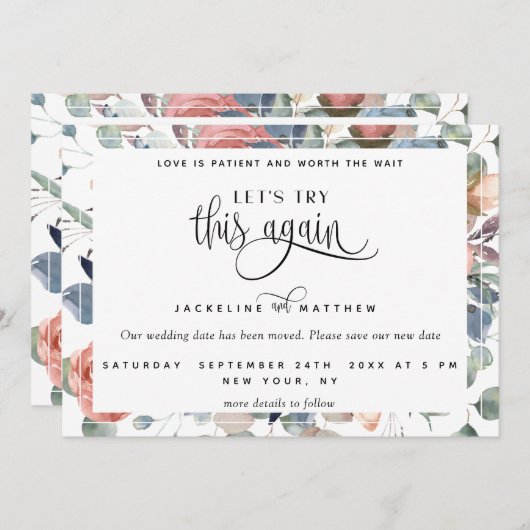 Laten we dit opnieuw proberen, Dusty Blue en Blush Save The Date (Voorkant / Achterkant)