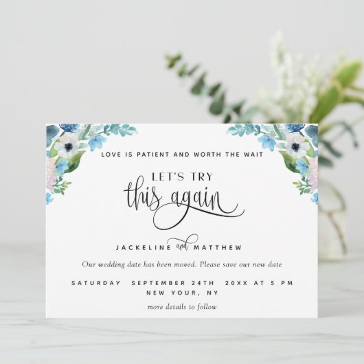 Laten we dit opnieuw proberen, witte en blauwe Flo Save The Date (Staand voorkant)