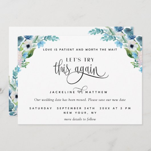 Laten we dit opnieuw proberen, witte en blauwe Flo Save The Date (Voorkant / Achterkant)